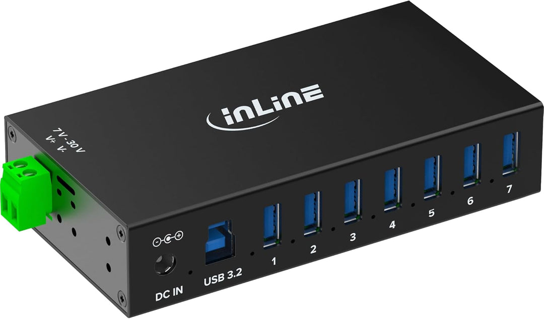 Inline USB 3.2 Gen.1 Industrie-Hub mit 7 Ports, Aluminiumgehäuse, DIN-Schienen-Montage, aktiver USB-