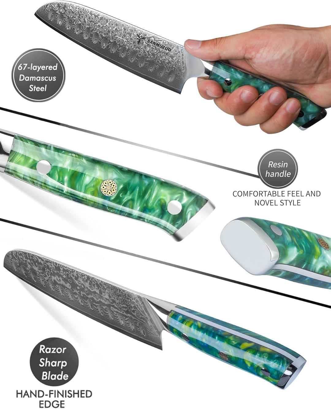 Damastmesser 18 cm Santokumesser - Japanisches Kochmesser - VG 10 Damaskus Stahl Küchenmesser mit Ha