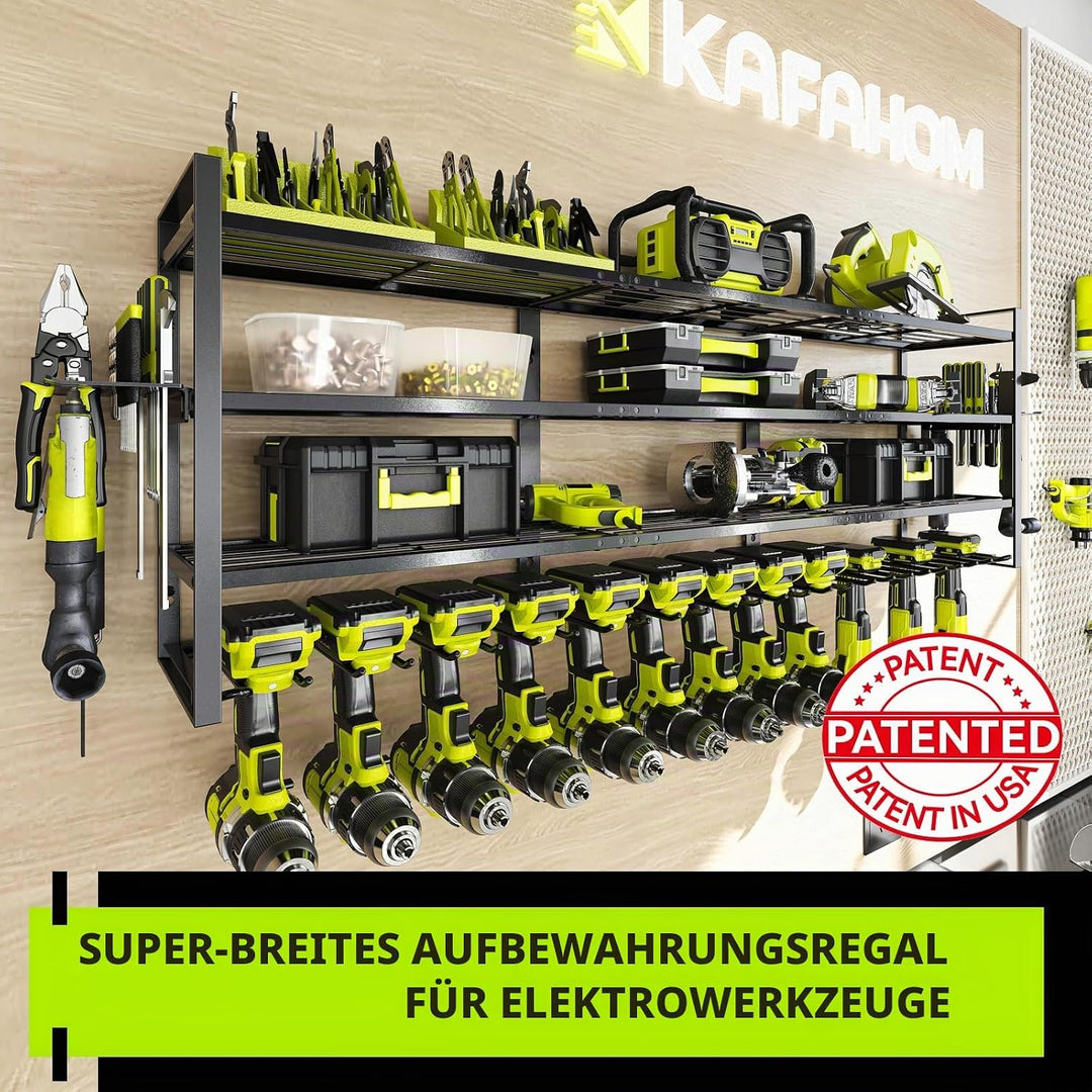 KAFAHOM Grosse Werkzeug-Wandhalterung mit 13 Bohrerschächten für die Garage – 4-etagiges Organizer-R