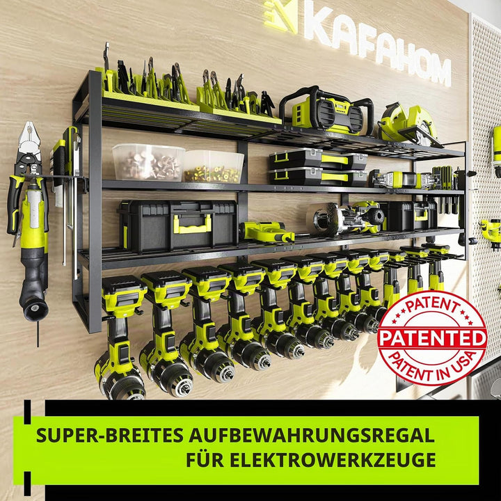 KAFAHOM Grosse Werkzeug-Wandhalterung mit 13 Bohrerschächten für die Garage – 4-etagiges Organizer-R