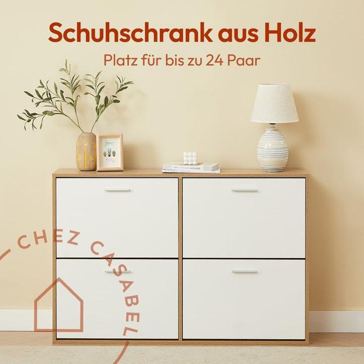CASABEL Schuhschrank mit 4 Klappen, Schuhregal Weiss & Holz, Modernes Design, Grosse Kapazität für 2