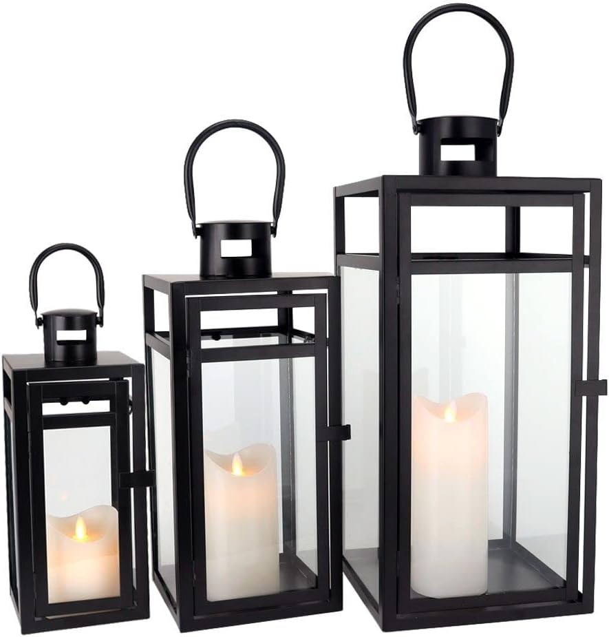 TRIROCKS Set aus 3 Edelstahl Kerzenlaterne 48cm Hoher Metallkerzenhalter mit klaren Glasscheiben Per