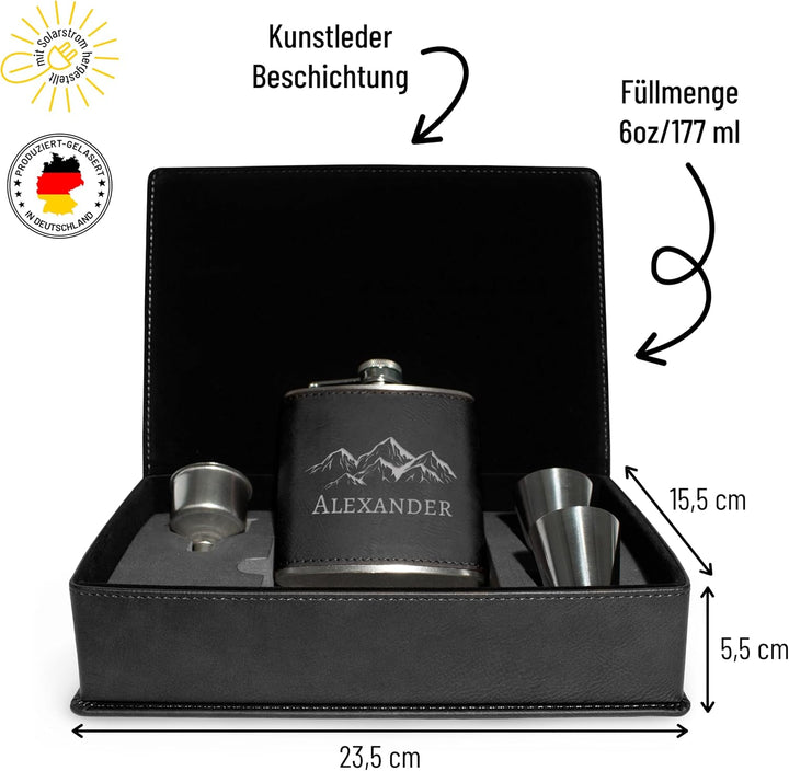 Flachmann Set personalisiert mit Gravur - Berge-Design mit deinem Namen - Edelstahl mit Kunstleder –