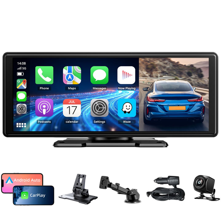 10,26 Zoll CarPlay Display, Tragbarer Car Multimedia Player mit Apple CarPlay & Android Auto, Rückfa