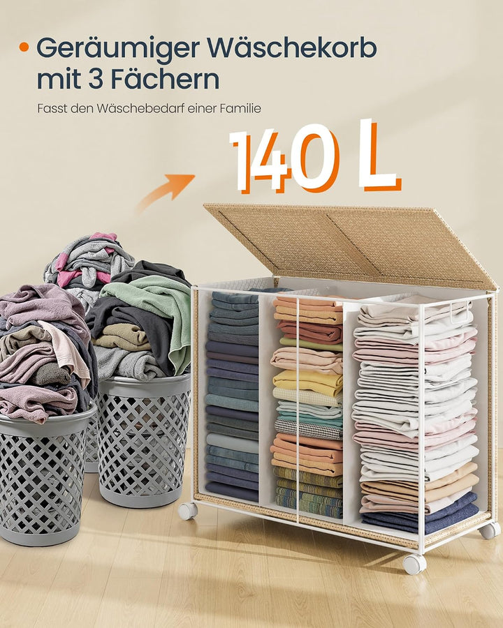 SONGMICS HOME Wäschekorb 3 Fächer, Wäschesammler 140 L, Wäschesortierer auf Rollen, mit Deckel, Wäsc