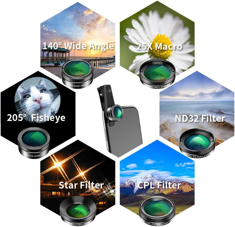 APEXEL 6 in 1 Handy-Objektiv-Kit, Super 205 ° Fischaugenobjektiv + 140 ° Weitwinkelobjektiv und 25x