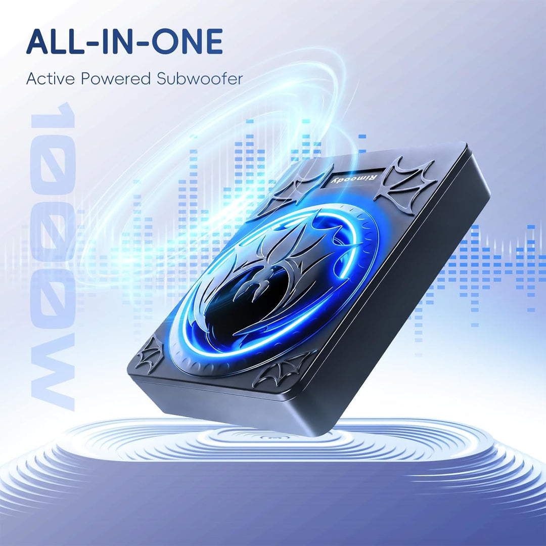 Rimoody 10 Zoll Flachbau Aktiv-Subwoofer für Auto - 1200W RMS, Bass Boost, Phasenregler, Unterbausit