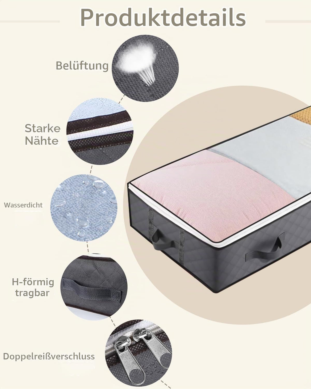 4 Stück Unterbett Aufbewahrungsbox mit Deckel 90L Unterbettkommode Kleidung Aufbewahrungstasche,4 Ha