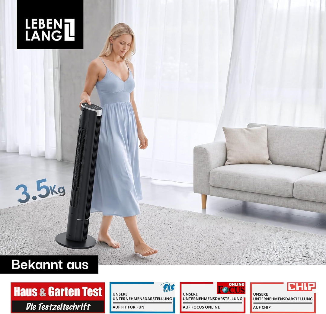 LEBENLANG Turmventilator Sehr Leise 19,8 dB(A) - 4 Modi & 12 Geschwindigkeiten I 90° Oszillation Ven