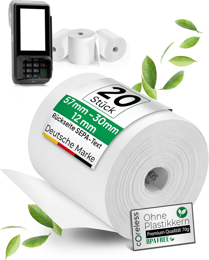 coreless - 20x EC-Thermorollen à 57mm x 30mm x 12mm - EC-Rolle mit Sepa Aufdruck - kernlose Kassenro