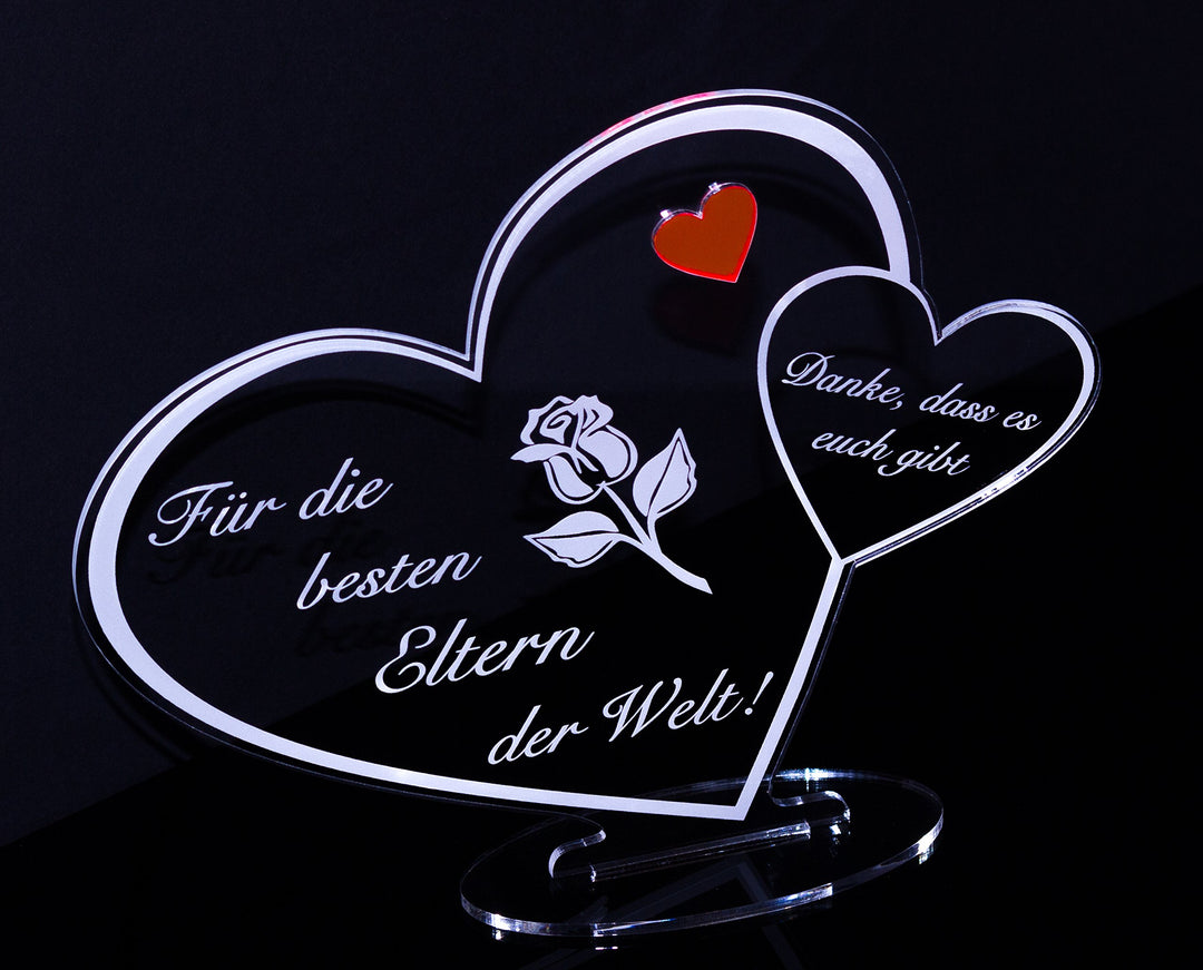 Acryl Schild in Herz Form "Für die besten Eltern der Welt" die perfekte Geschenkidee, mit Lasergravu