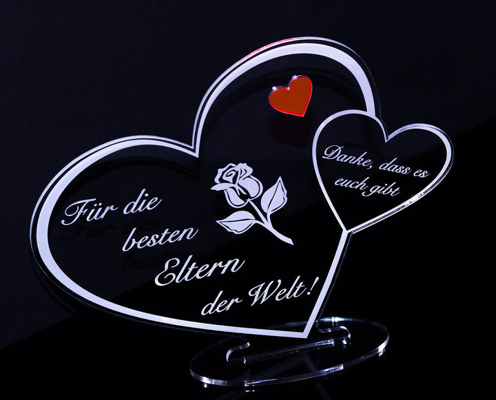 Acryl Schild in Herz Form "Für die besten Eltern der Welt" die perfekte Geschenkidee, mit Lasergravu