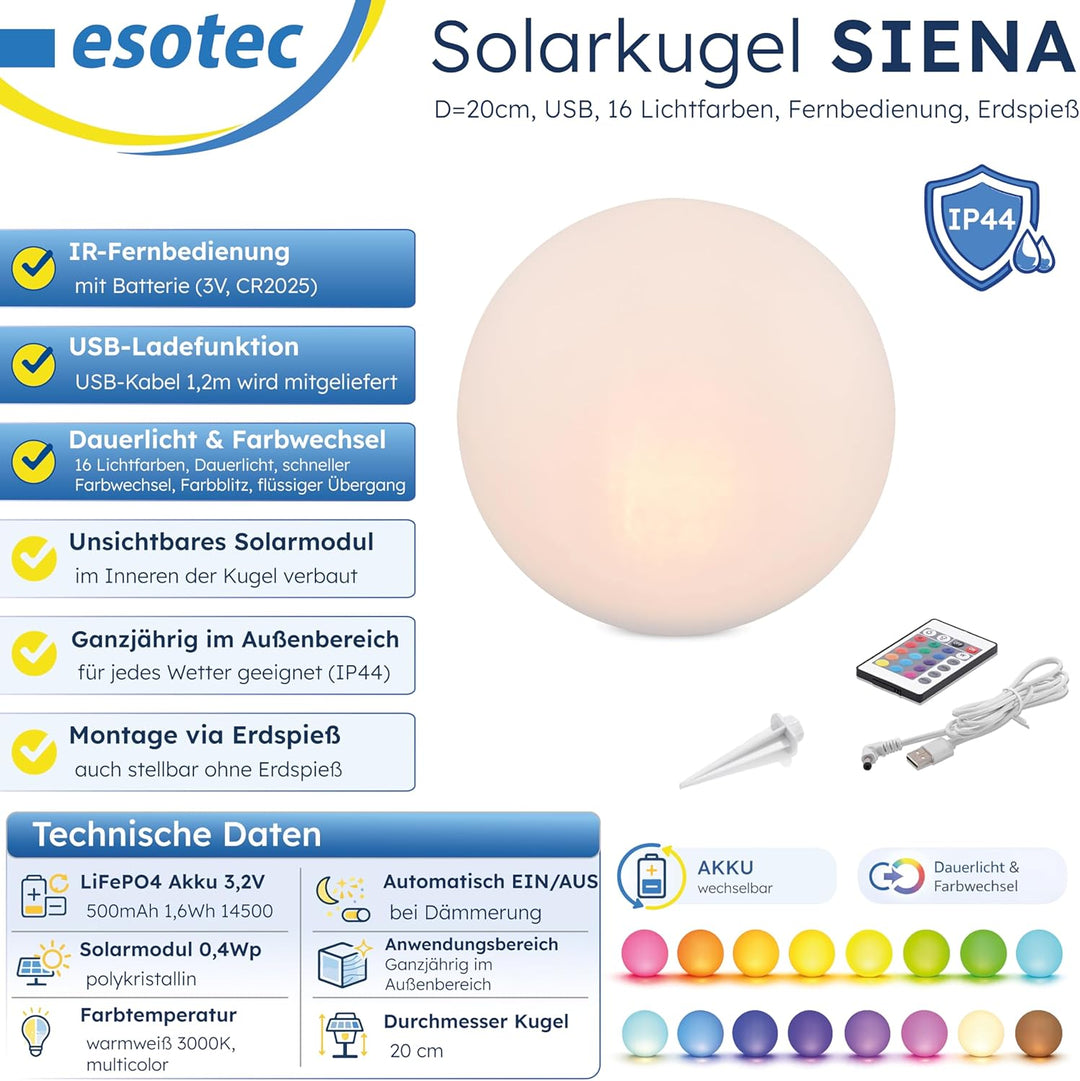 Esotec Solarkugel für den Garten Siena 20, multicolor, 20cm, Fernbedienung, USB, 16 Leuchtfarben, Ak