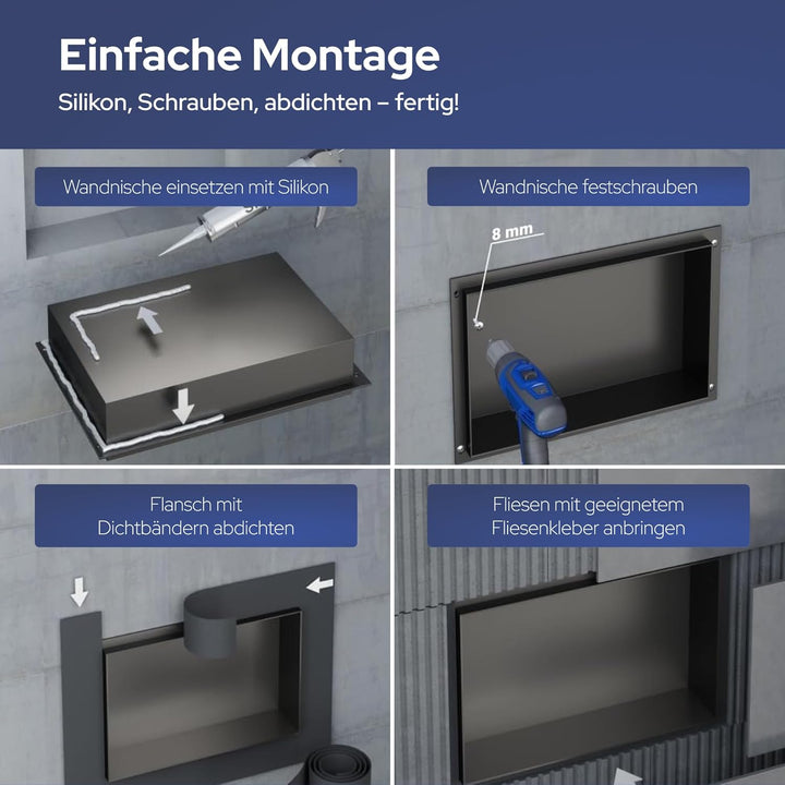 VILSTEIN Wandnische Dusche 30x90 cm - ROSTFREI - Randlose Duschnische - Schwarz - Einbauregal für Du