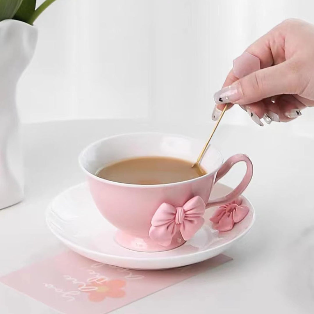 200 ML Kaffeetassen Set mit Untertasse Keramik Tasse mit Schleife und Henkel Violett Rosa Schleife K