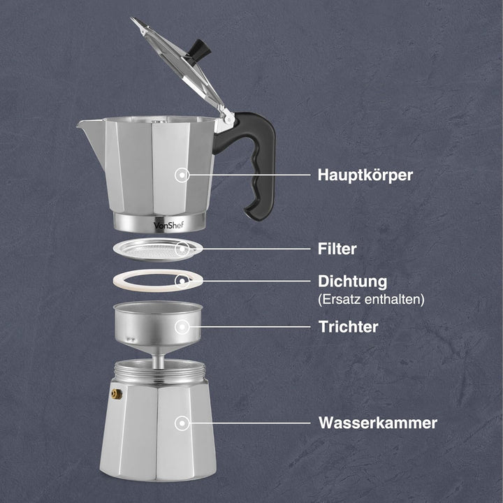 VonShef Espressokanne für den Herd, 450 ml Italienischer Espressokocher aus Aluminium für Gas- & Ele