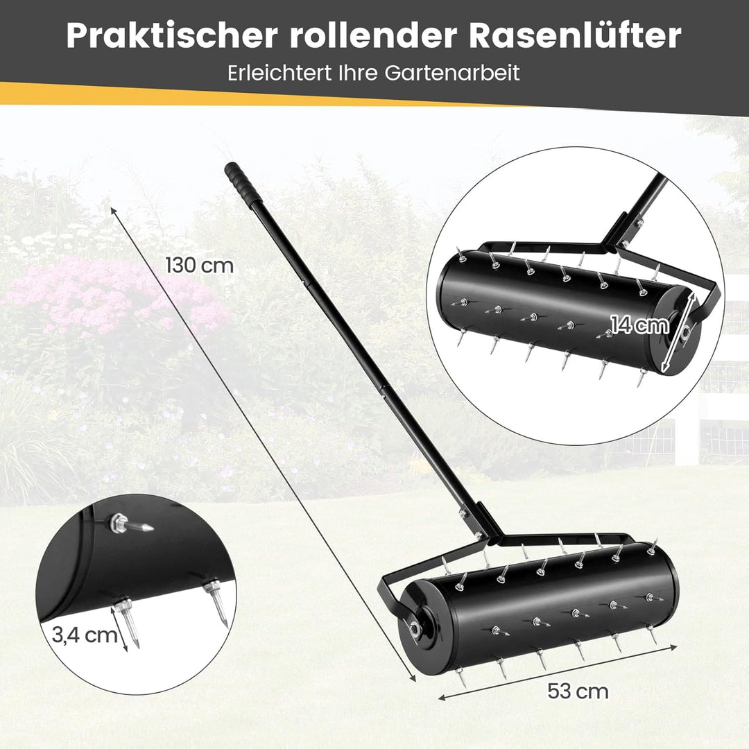 GOPLUS Rasenbelüfter, Handvertikutierer mit Stiel & 3,4cm Nägeln, rollender Aerifizierer, manueller
