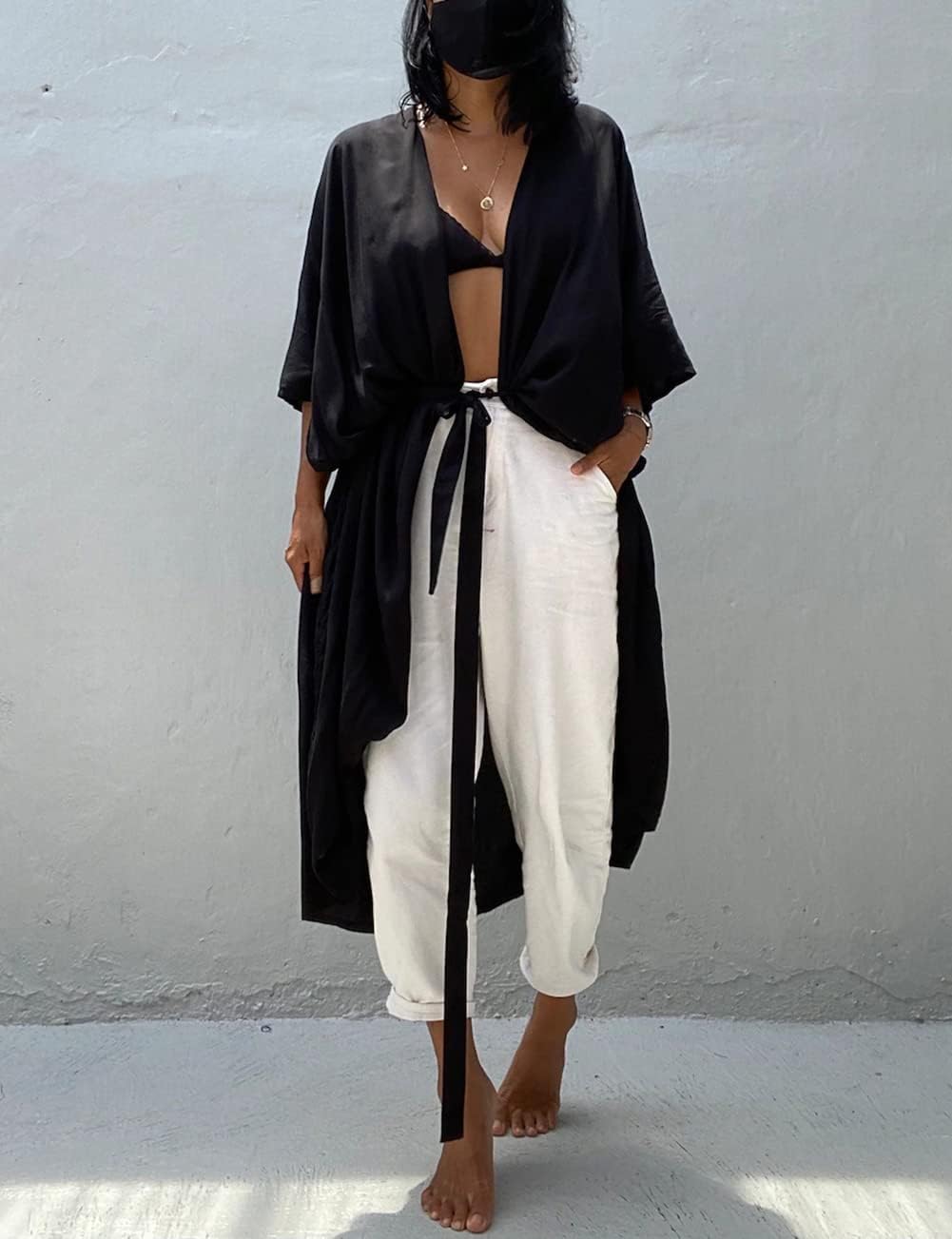 Bsubseach Damen Lange Strand Strandponcho für Bademode Sexy Bikini Beach Kimono Strickjacke A-schwar