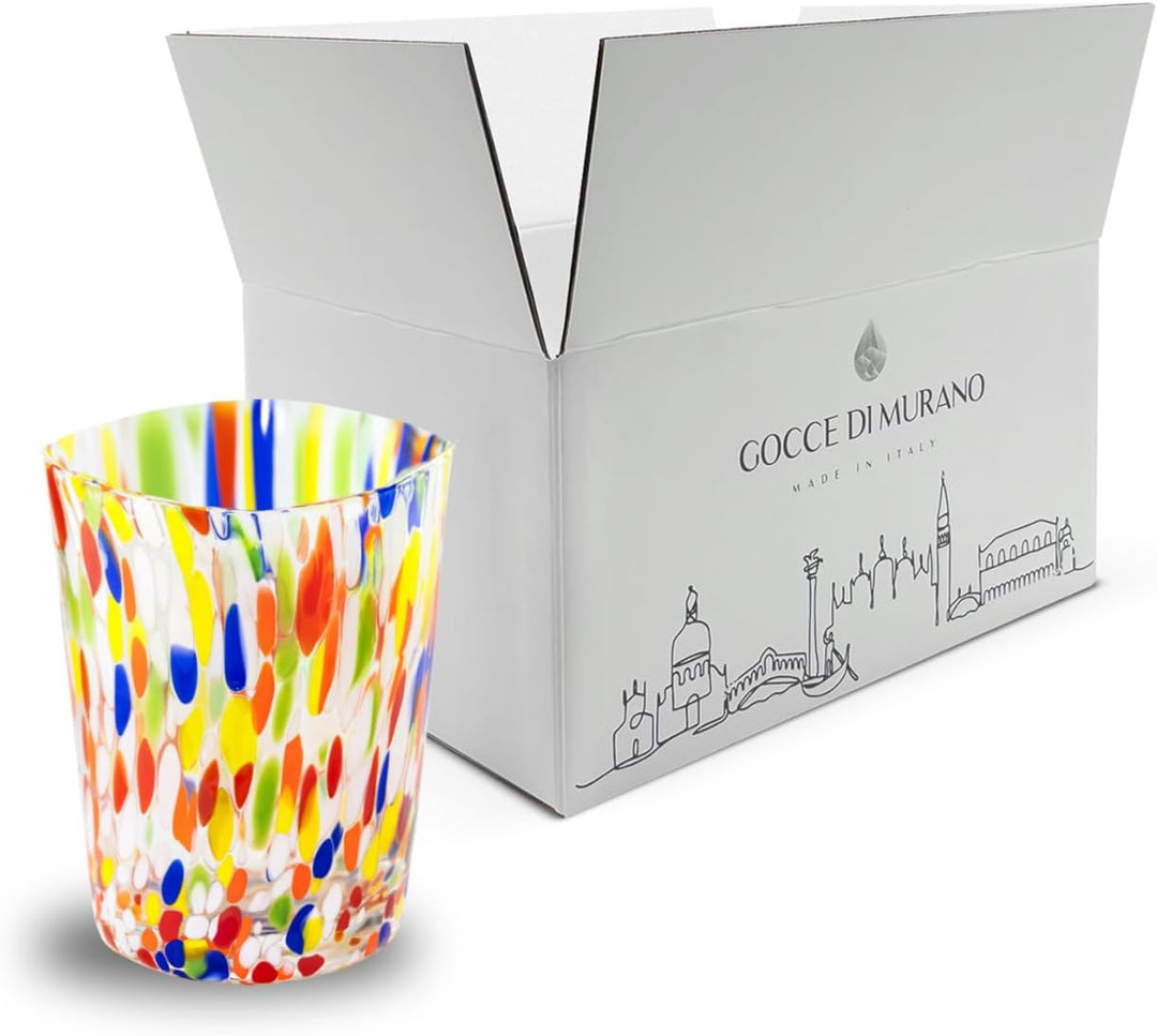 Gocce di Murano Set mit 6 Regenbogen-Gläsern, aus mundgeblasenem Muranoglas, 240 ml, handgefertigt,