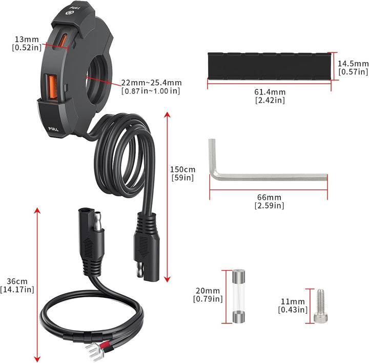 USB C Steckdose 12V Motorrad Ladegerät 48W QC3.0 USB-A und PD Type-C Wasserdichter IP65 für 12V-24V