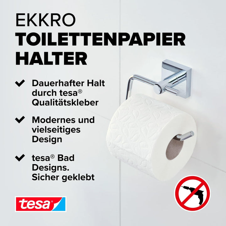 tesa EKKRO Toilettenpapierhalter, verchromt - WC-Rollenhalter zur Wandbefestigung ohne Bohren, inkl.