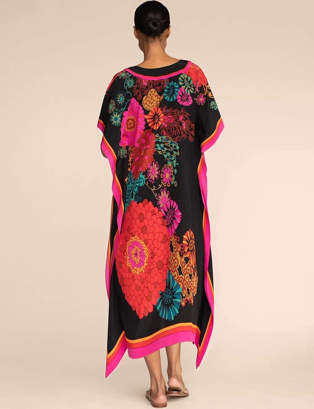 Bsubseach Damen Casual Beach Kaftan Kleid Kurzarm Loungewear Caftan Strandkleid C-Black Flower, C-Bl