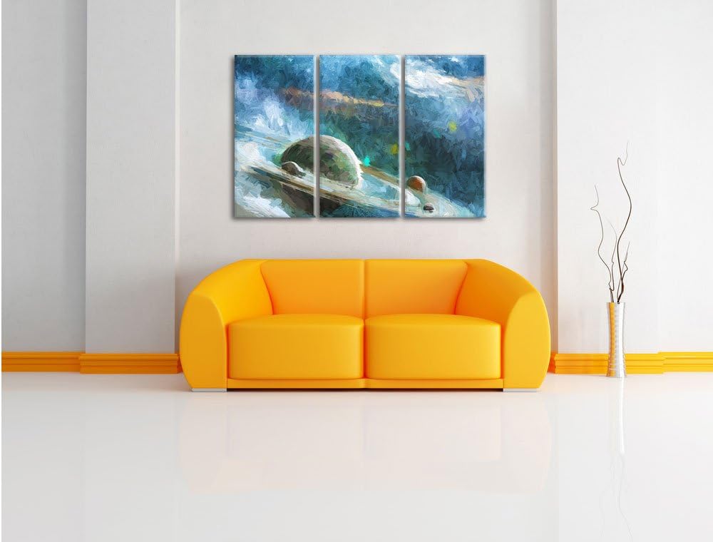 Pixxprint Planet mit Ringsystem / 3-Teilig/Gesamtmass 120cm Leinwandbild bespannt auf Holzrahmen/Wan
