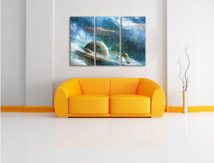 Pixxprint Planet mit Ringsystem / 3-Teilig/Gesamtmass 120cm Leinwandbild bespannt auf Holzrahmen/Wan