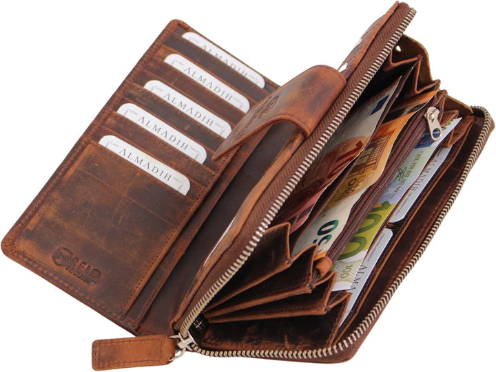 RFID Damen Leder Geldbörse Braun Vintage mit 26 Kartenfächer - MILA Grosse Damen Portemonnaie 7 Eins