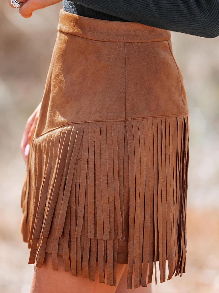 CUPSHE Damen Rock High Waist Fransen Wildleder Kurze Röcke Minirock Freizeitrock Wildlederimitat Wes