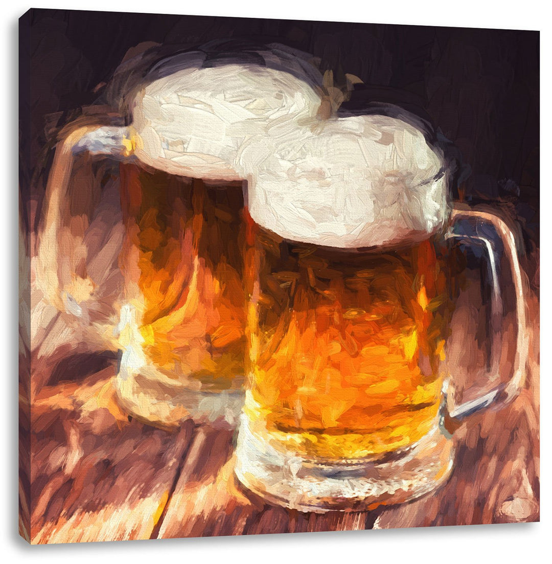 Pixxprint Zwei Masskrüge Bier als Leinwandbild/Grösse: 70x70 cm/Wandbild/Kunstdruck/fertig bespannt,