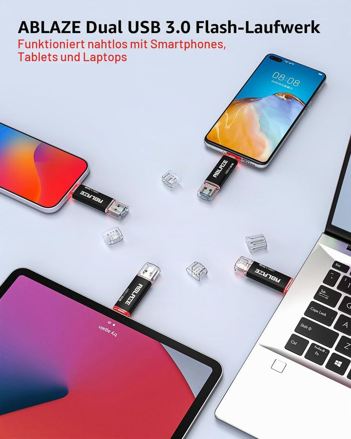 ABLAZE USB C Stick 32GB 2 Stück, Dual-USB Typ C + USB A 3.0 Speicherstick, OTG Flash Drive für Andro