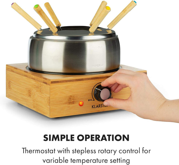 Klarstein Bambus Fondue, 800 Watt, Edelstahl-Topf, Gerätebasis aus Bambus, Füllmenge 1,3 Liter max.,