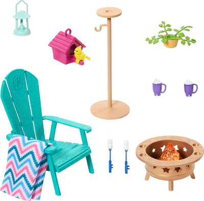 Barbie Möbel- und Zubehör-Set, Barbie Puppenhaus-Dekoration für Garten, Terrasse, Lagerfeuer, Vogelf