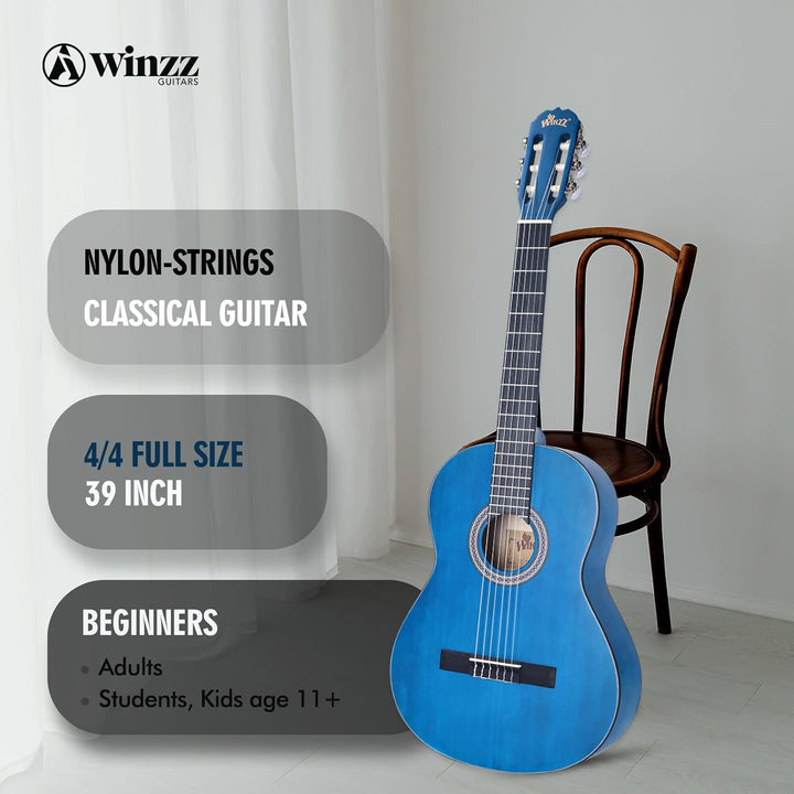 Winzz Konzertgitarre 4/4 Erwachsene, Klassische Gitarre für Anfänger 39 Zoll, Blau, Blau