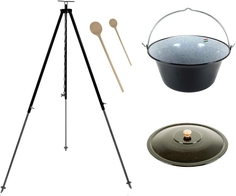 Grillplanet® Set 10 L Gulaschkessel mit Dreibein schwarz 1,80 m und Deckel (10 Liter original ungari