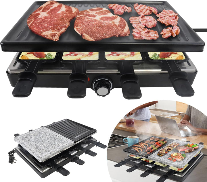 YRHome Raclette Grill für 8 Personen Multi-Grill mit Steinplatte und Grillplatte 1400W Tischgrill- 8