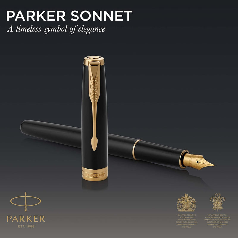 Parker Sonnet Füller | Schwarze Lackierung mit Goldzierteilen | Füllfederhalter mit feiner Feder | G