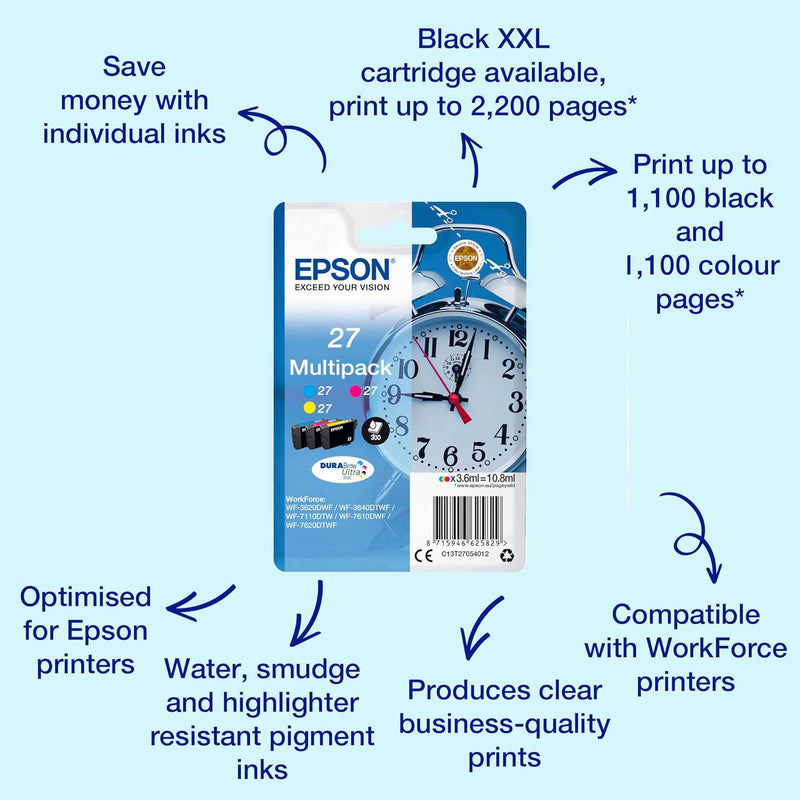 Epson Original 27 Tinte Wecker (WF-3620DWF, WF-3640DTWF, WF-7110DTW, WF-7210DTW, WF-7610DWF, WF-7620