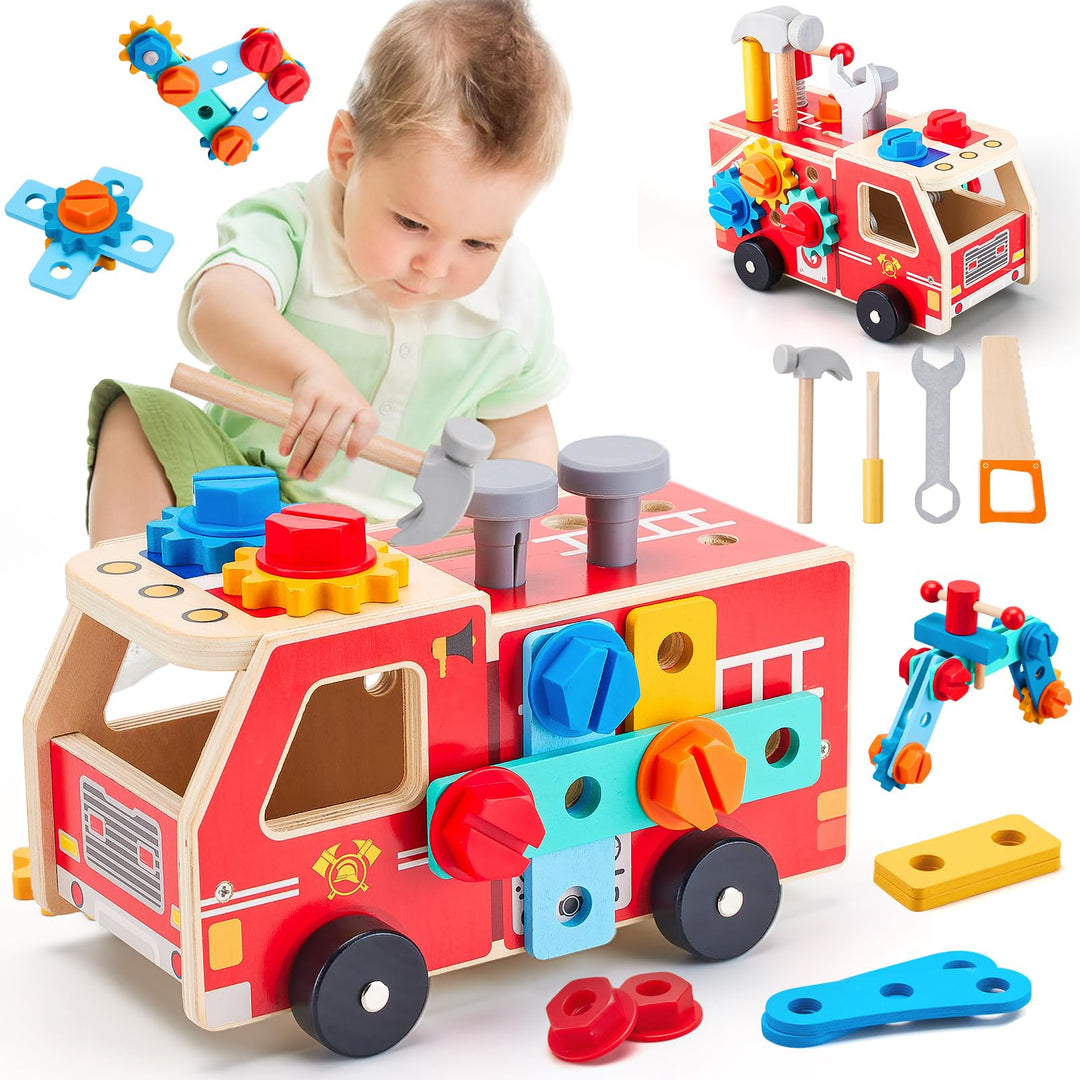 Werkzeugkoffer Kinder Werkbank, Montessori Holzspielzeug Spielzeug ab 2 3 4 5 Jahre, 2 in 1 Feuerweh