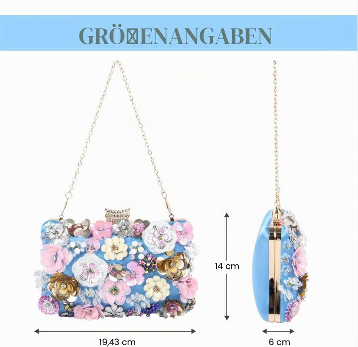 Fecialy Blumen-Clutch-Abendtaschen für Damen mit bunten Blumen-Metall-Strasssteinen Abend-Clutch-Gel