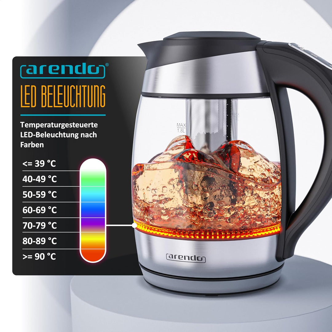 Arendo - Glas Wasserkocher mit Temperatureinstellung - mit Teesieb - Kabellos - 2200 W - 1,8L – Über