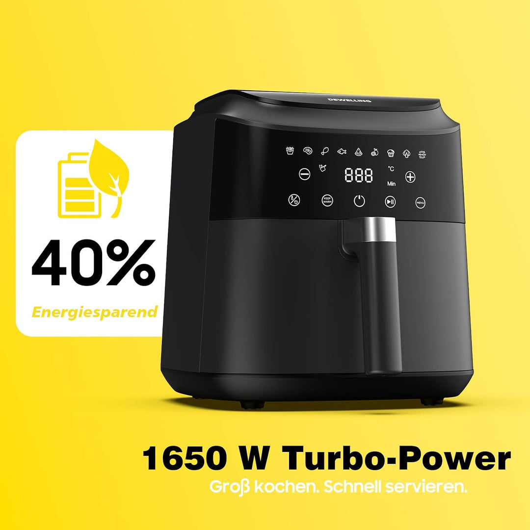 Heissluftfritteuse XL 6L, Airfryer mit 9 Programmen, Warmhaltefunktion, Touchscreen, Ohne PFAS, 1650