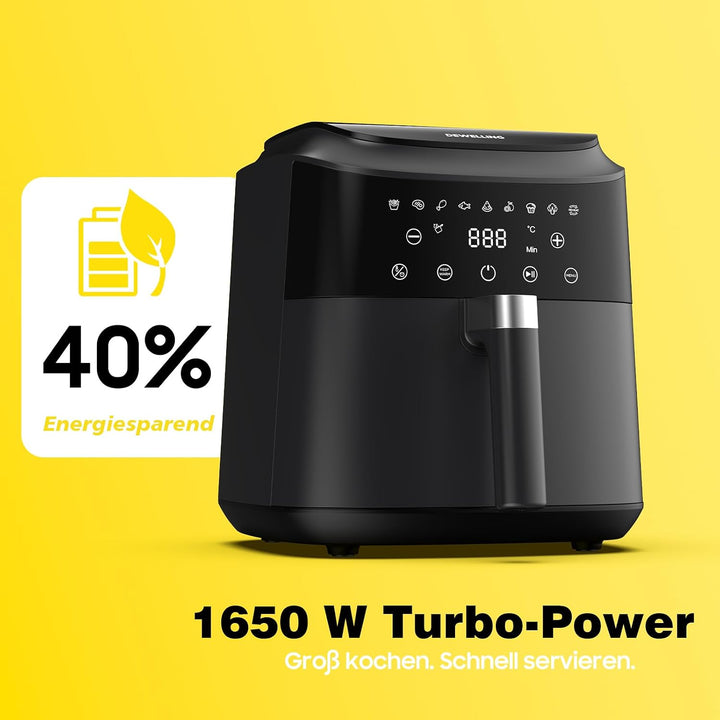 Heissluftfritteuse XL 6L, Airfryer mit 9 Programmen, Warmhaltefunktion, Touchscreen, Ohne PFAS, 1650