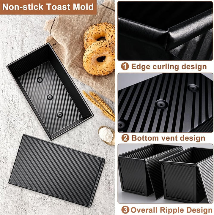 2 Stück Toastbrot Backform Mit Deckel 450g Teig Antihaft | Kastenform Mit Deckel, Schwarz Riffelung