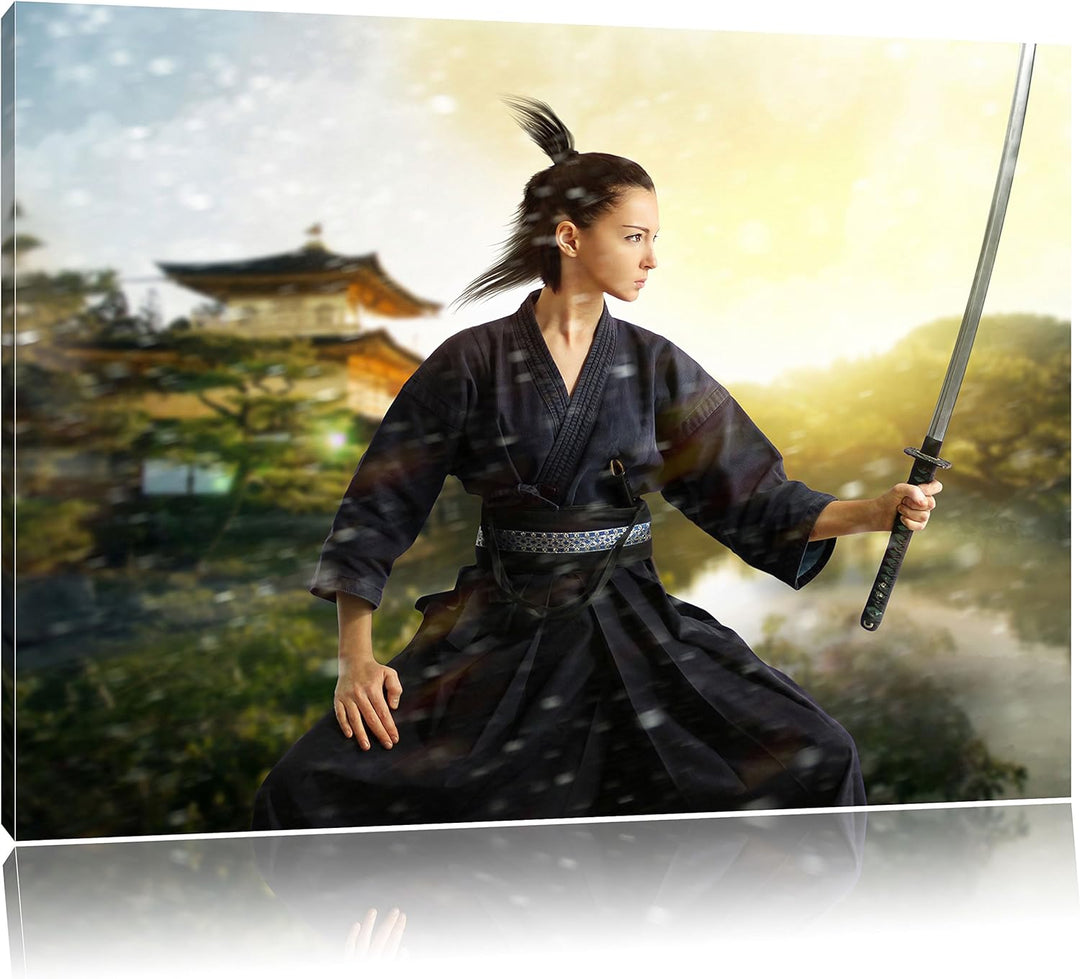 Pixxprint Samurai-Kriegerin Schnee als Leinwandbild/Grösse: 100x70 cm/Wandbild/Kunstdruck/fertig bes