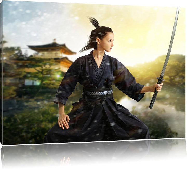 Pixxprint Samurai-Kriegerin Schnee als Leinwandbild/Grösse: 100x70 cm/Wandbild/Kunstdruck/fertig bes
