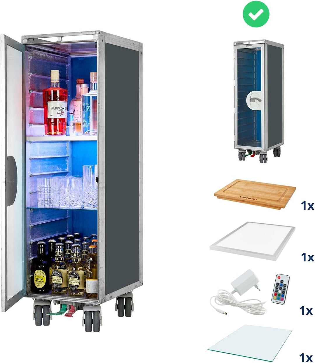 VanDeBord Bartrolley Uni Anthrazit inkl. LED Fachboden, Barbrett &amp; Glasfachboden, Gebrauchter Trolle
