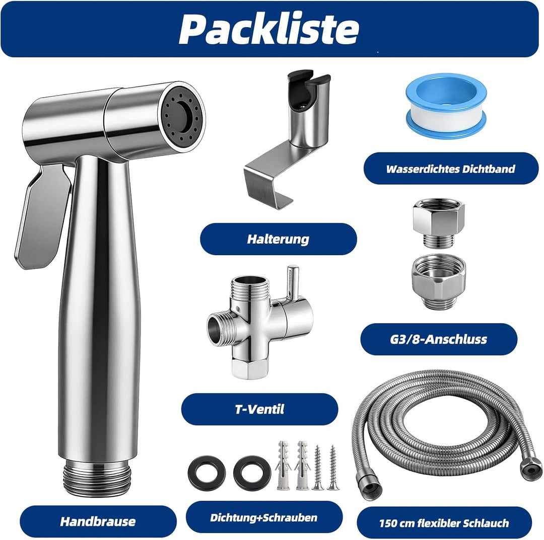 Bidet Handbrause Set, Hand Gehalten Bidet Sprayer Edelstahl mit Ventil T-Adapter (G1/2''-3/8''), 150
