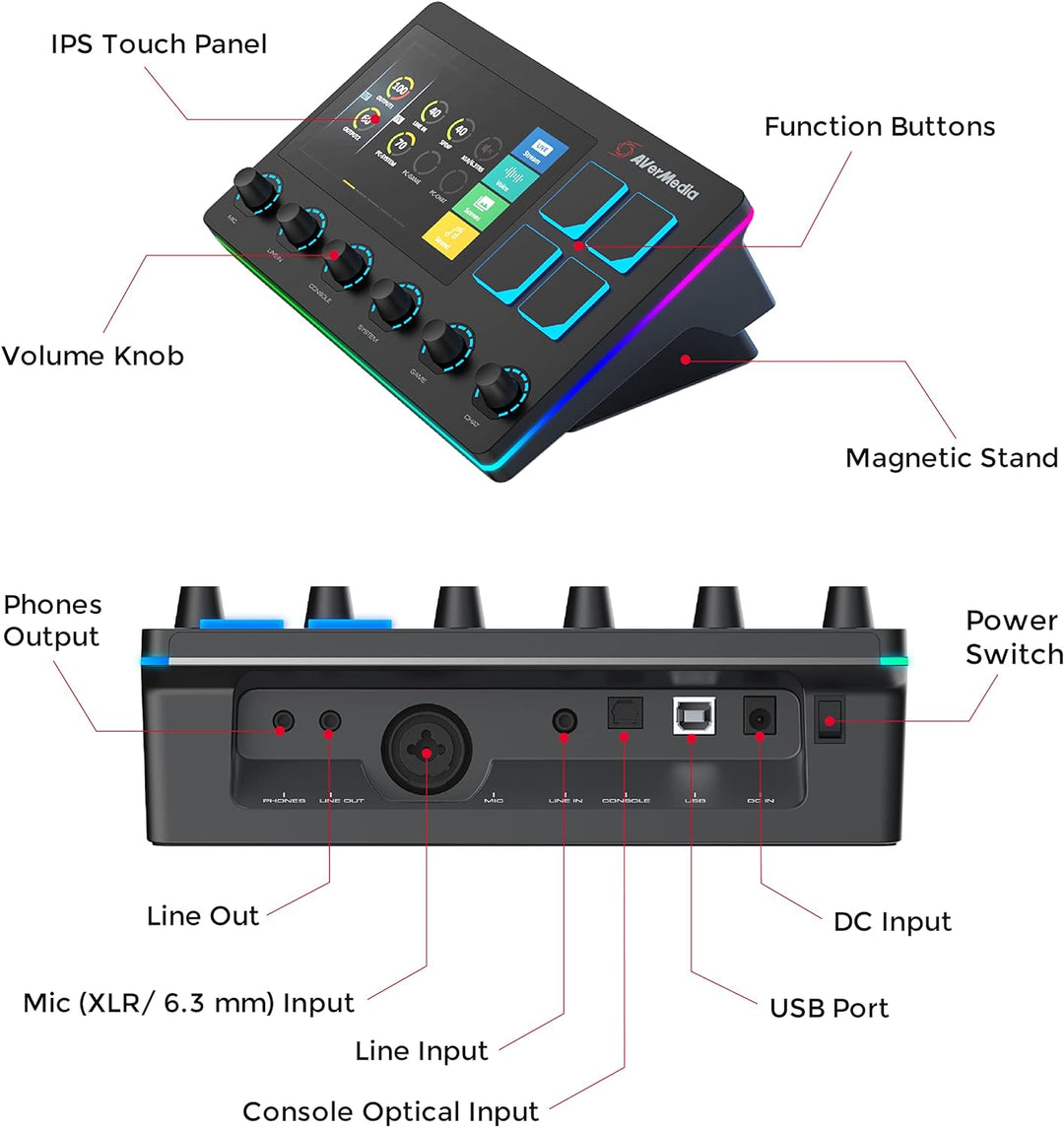 AVerMedia Live Streamer AX310 - 6-Spuren Audio Mixer mit IPS-Touchscreen zur Interaktion sowie Aktio
